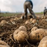 Farmers in a genetically modified potato farm harvest large, uniform potatoes under bright sunlight. the image foreground focuses on pristine potatoes emerging from fertile soil, while the background captures farmers engaged in the harvest.