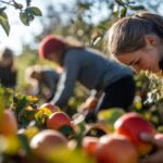 People harvesting apples in an orchard on a sunny day, focus on a young woman reaching for fruit, showcasing agricultural work and seasonal activities.