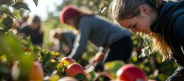 People harvesting apples in an orchard on a sunny day, focus on a young woman reaching for fruit, showcasing agricultural work and seasonal activities.